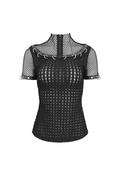 Punk Short-Sleeve Top with Mesh and Ring Embellishments