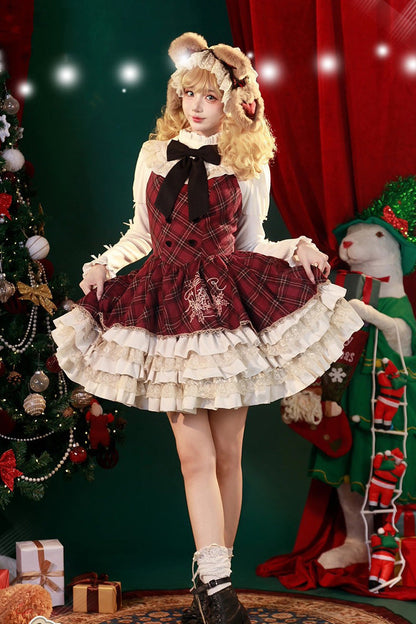 Chestnut Bear Cocoa Plaid Ruffle Bowknot Lolita JSK with Cloak
