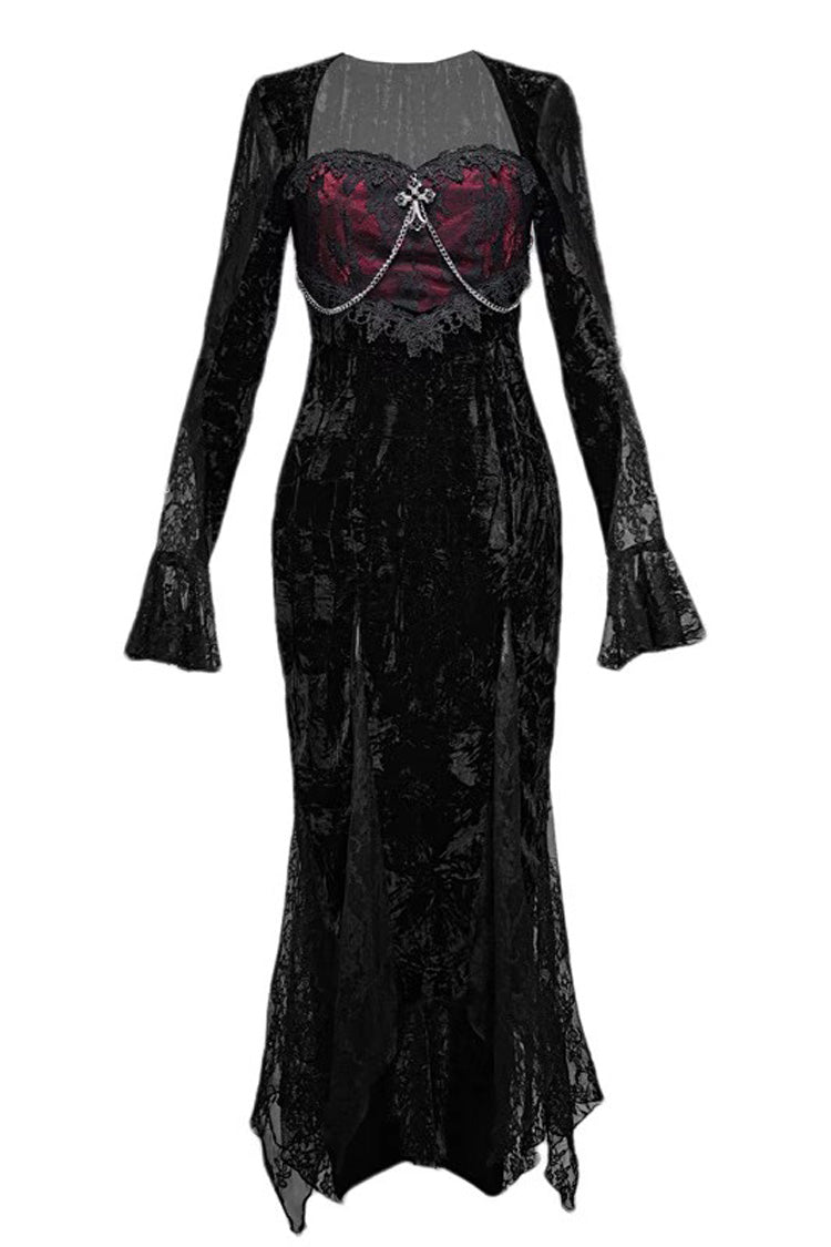 Rose Cemetery Gothic Fishtail Dress with Slim Lace - Noir