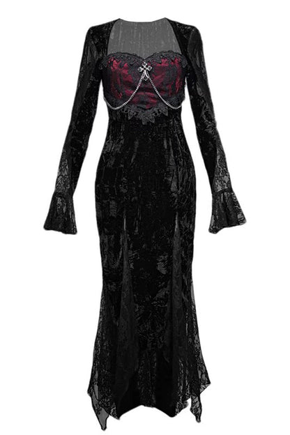 Rose Cemetery Gothic Fishtail Dress with Slim Lace - Noir