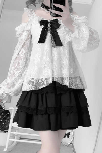 Black Triple-Layer Ruffle Lace Japanese Skirt