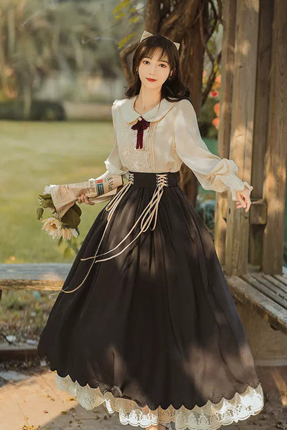Black Lapel Collar Long Sleeves High Waist Lace-Up Wave Hem Classic Lolita Two-Piece Set