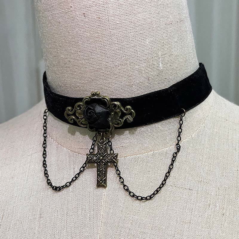 Collier ras du cou gothique punk rétro en dentelle et cristal Lolita