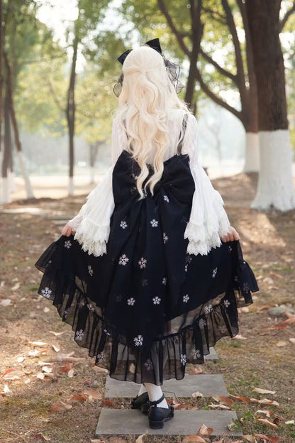 Feather Snowflake Embroidery Print Sleeveless Ruffle Bow Sweet JSK Dress