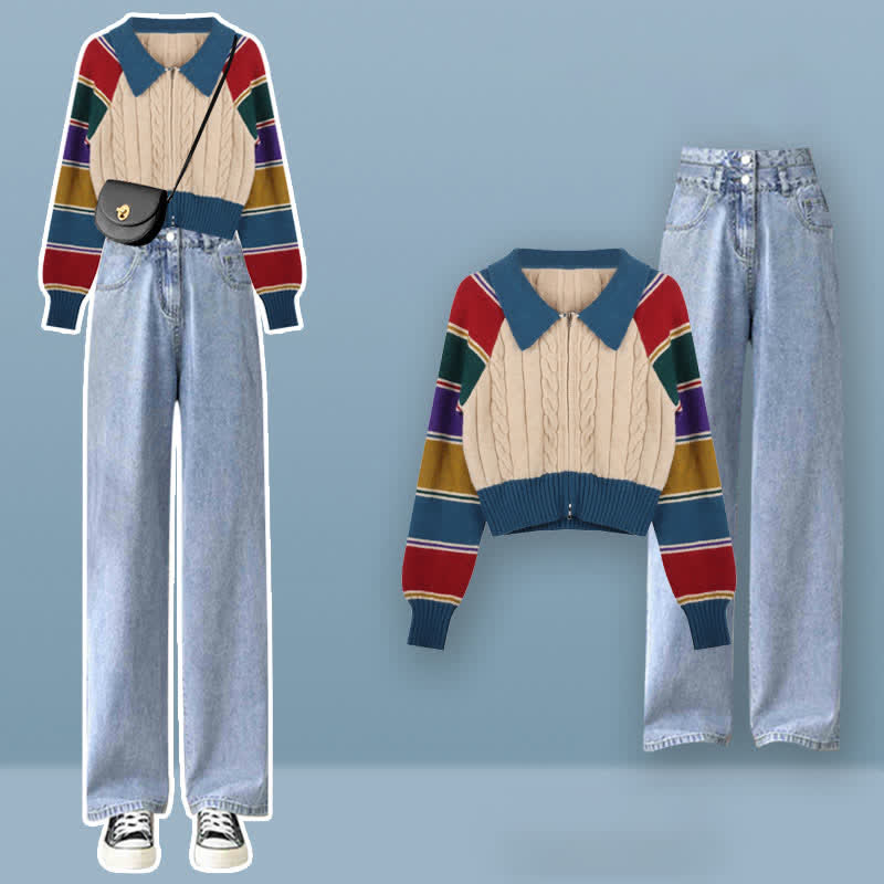 Stripe Set Sweater Colorblock Cardigan Pants
