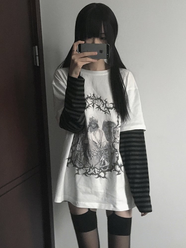 White Dark Kawaii Striped Sleeves T-shirt