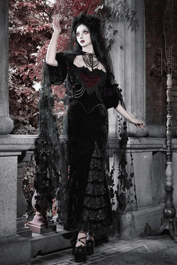 Square Collar Gothic Mermaid Dress with Multi-Layered Ruffled Embroidery - Castle of Dark Romance