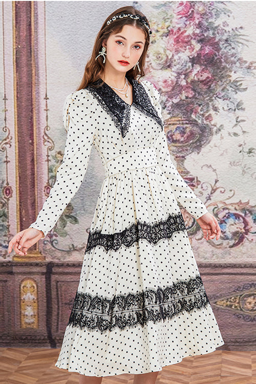 Doll-Collar Vintage Lace Patchwork Polka Dot Print Long-Sleeved High-Waisted Sweet Lolita OP Dress in Beige and Black