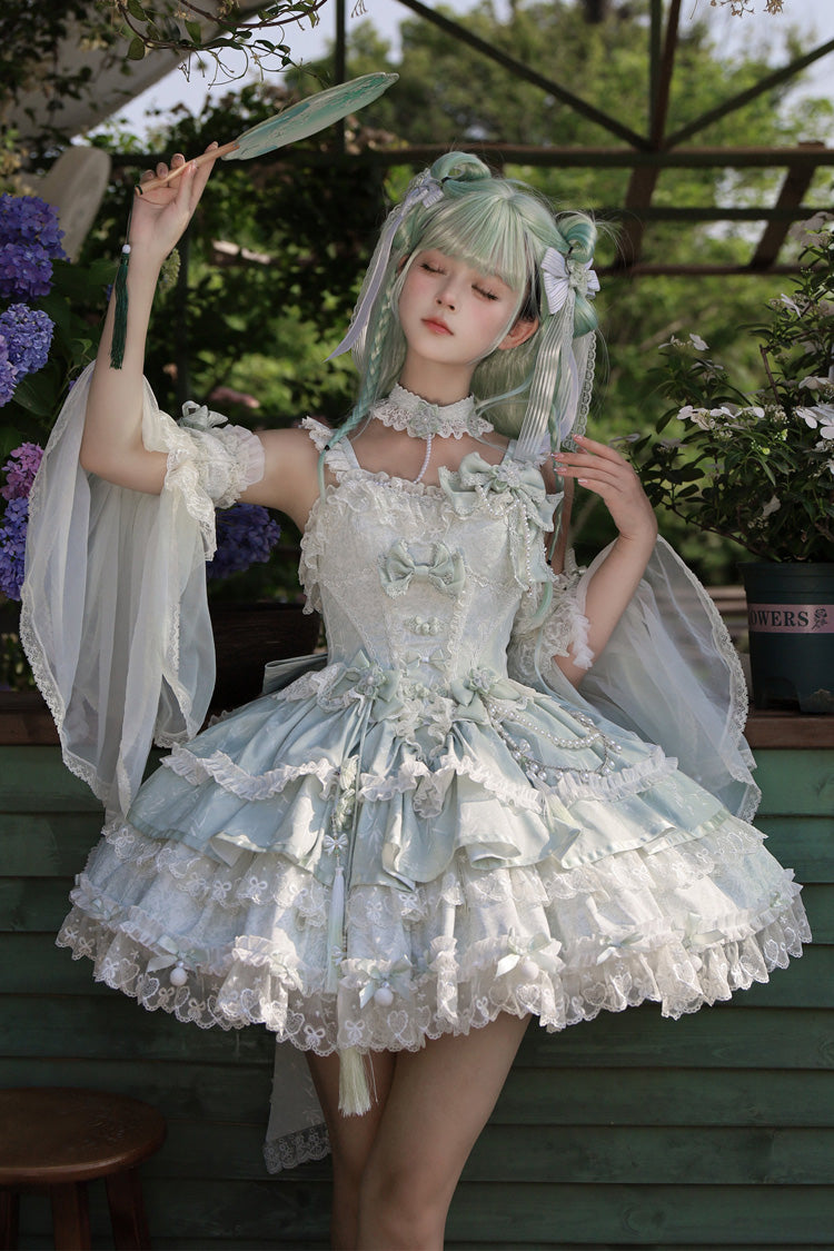 Emerald Prelude of Spring Cherry Square Collar Sleeveless Jacquard Ruffled Bow Lace Pearl Lolita JSK