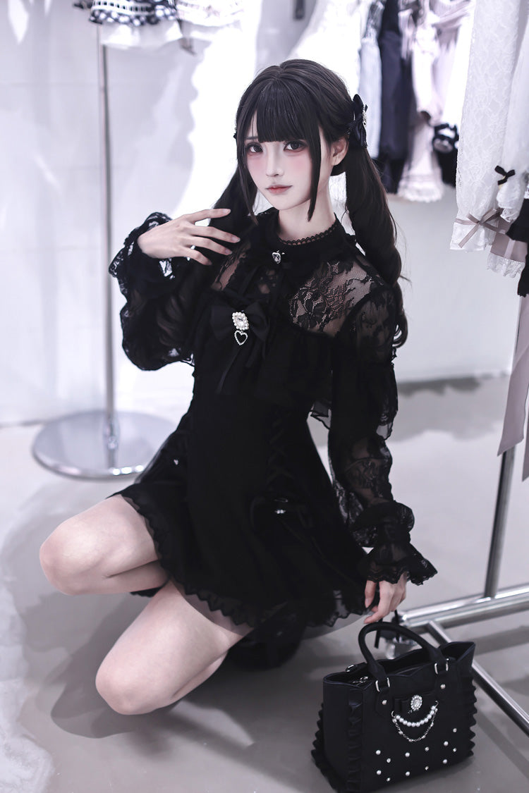 Lace Doll Round Collar Long Sleeves Ruffled Cut-Out Embroidered Bow Lace Gothic Jirai Kei Japanese Dress