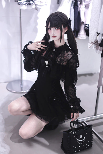 Lace Doll Round Collar Long Sleeves Ruffled Cut-Out Embroidered Bow Lace Gothic Jirai Kei Japanese Dress