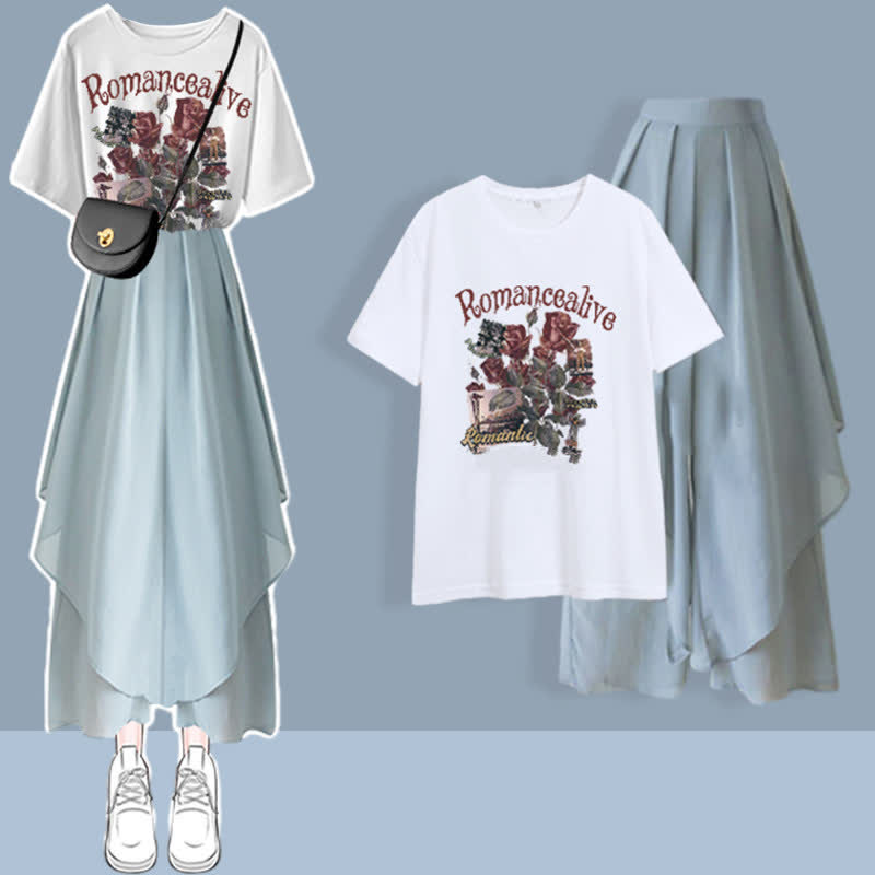 Sommerliches Set aus T-Shirt mit Aufdruck und Chiffonhose mit weitem Bein in Blau