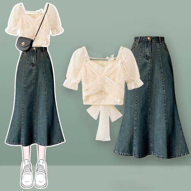 Crop Fishtail Set Tulle Top Bow Two Skirt T-Shirt Knot Denim Butterfly Pieces