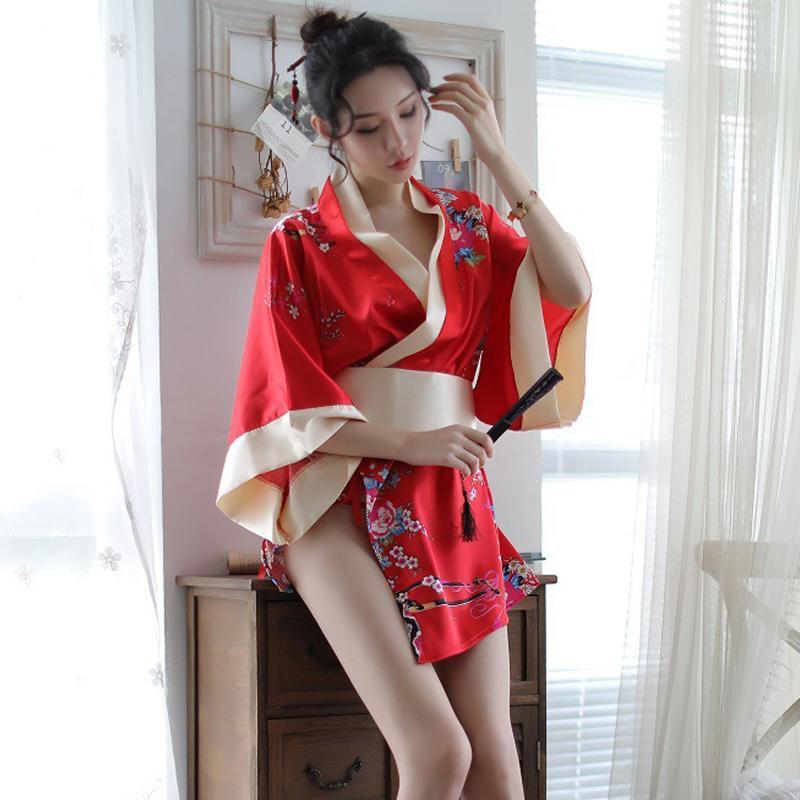 Charmante robe de lingerie cosplay florale kimono rouge