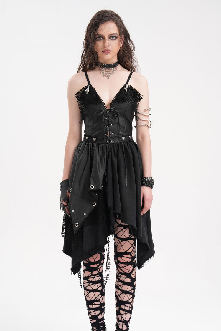 Mesh Panel Irregular Gothic Slip Dress in Black - NoirEdge