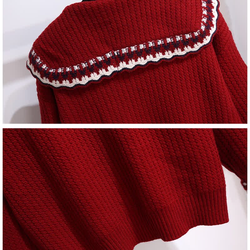 Eleganter Strickpullover mit Puppenkragen und kariertem Faltenrock