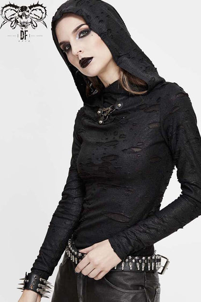 Women's Punk Shirt with Hooded Snakeskin Ripped Print Triangle Metal Studs