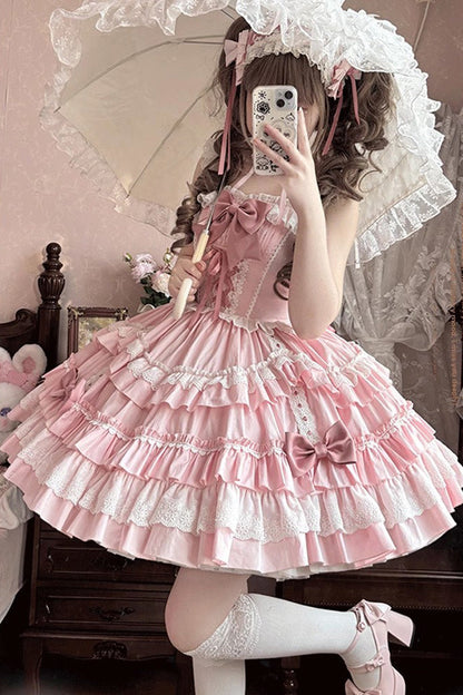 Pink Sleeveless Multi-Layered Ruffle Bowknot Lace-Up Sweet Lolita Tiered Dress