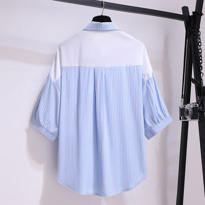 Chic Shorts Pocket Lapel T-Shirt Stripe Denim Ripped