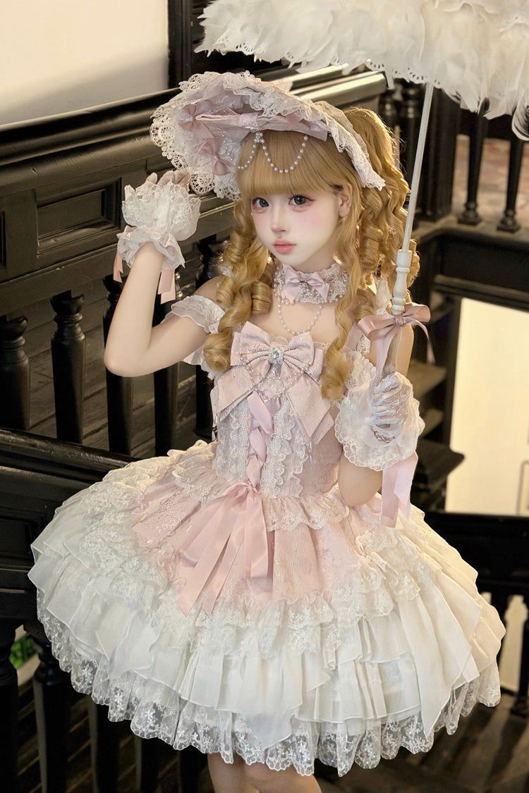 Rose Pearl Ballet Square Neck Sleeveless Layered Ruffles Bow Lace-Up Pearl Decor JSK