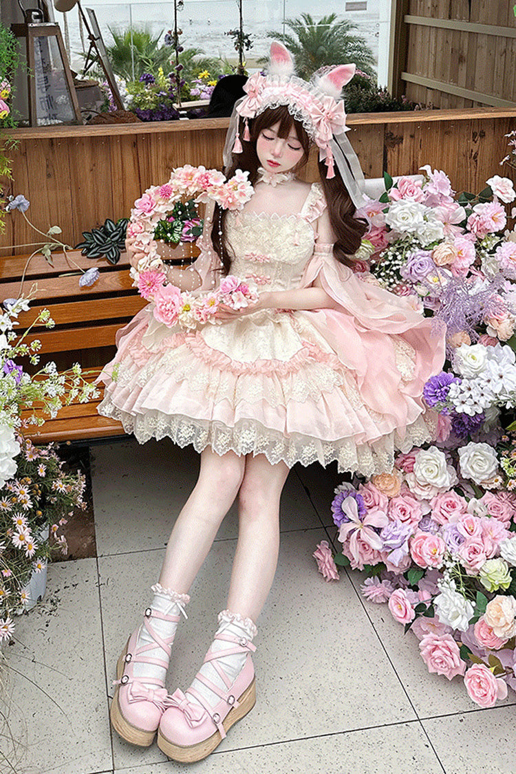 Pink Floral Ruffle Embroidered Bow Chinese Elegant Lolita Jumper - Lyrics in the Midst of Flowers