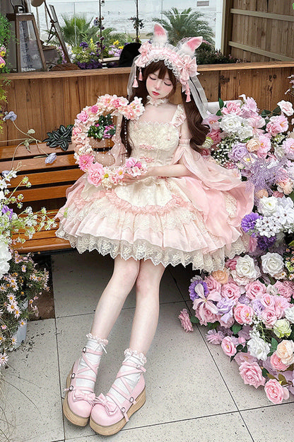 Pink Floral Ruffle Embroidered Bow Chinese Elegant Lolita Jumper - Lyrics in the Midst of Flowers