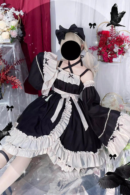 High-Waisted Asymmetric Ruffled Bowknot Gothic JSK