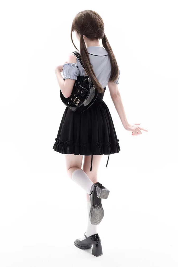 Black Blue Off-Shoulder Short Sleeve Ruffle Bow Set