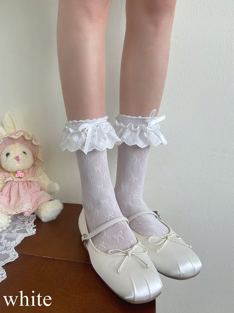 Black/White/Apricot Bowknot Details Lace Trim Hollow-out Socks