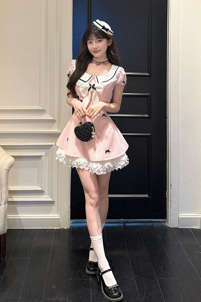 Rose Peach Dream Doll Collar Short Puff Sleeve Vertical Stripe Print Ruffle Bow College Sweet Dress