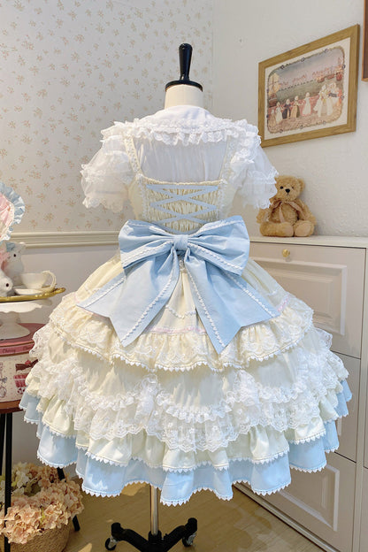 Fondant Cake Sleeveless Layered Ruffle Bow Lace Sweet Lolita JSK in Yellow Blue