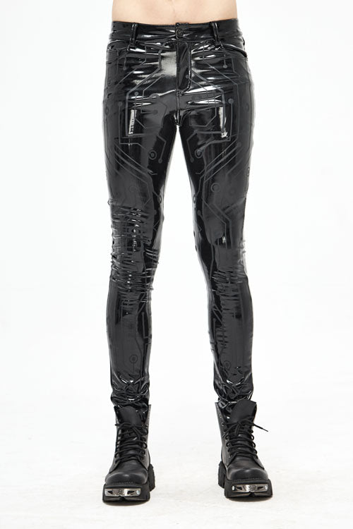 Mens Stretchy Leather Pants with Circuit Print
