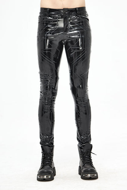 Mens Stretchy Leather Pants with Circuit Print