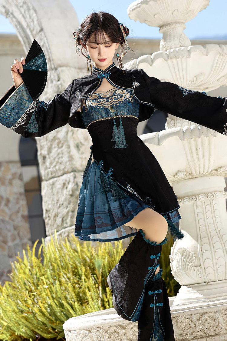 Cut-Out Embroidered Chinese Style Jumper Dress - Black/Blue Misty Teal