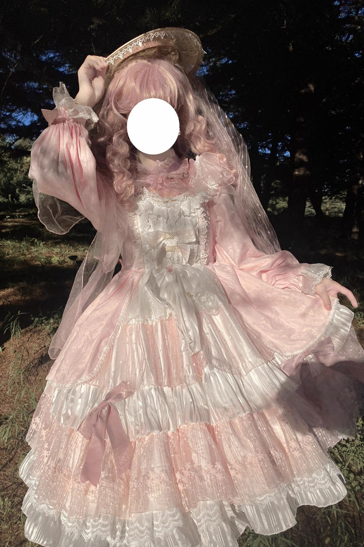 Pink OP Tiered Dress Sweet Lolita Long Sleeves Bowknot Ruffled - Altfashion Shop