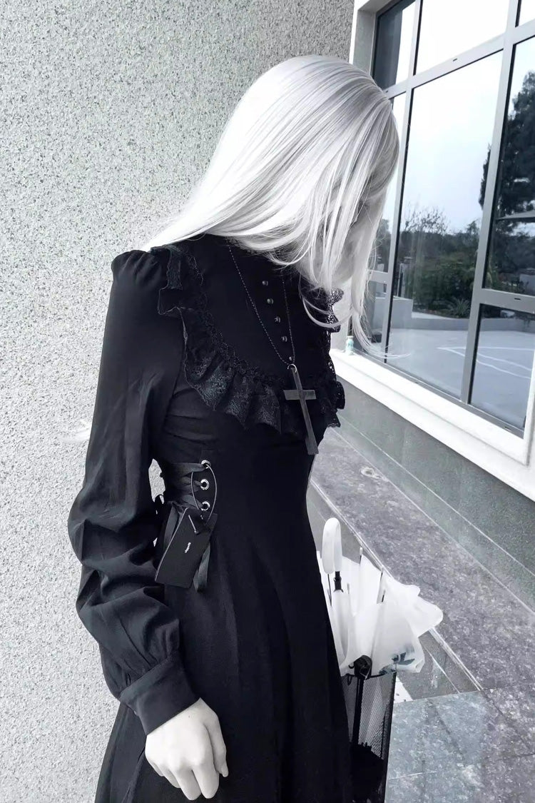 Black Lace-Up Gothic Lolita Dress with Stand Collar and Ruffled Sleeves
