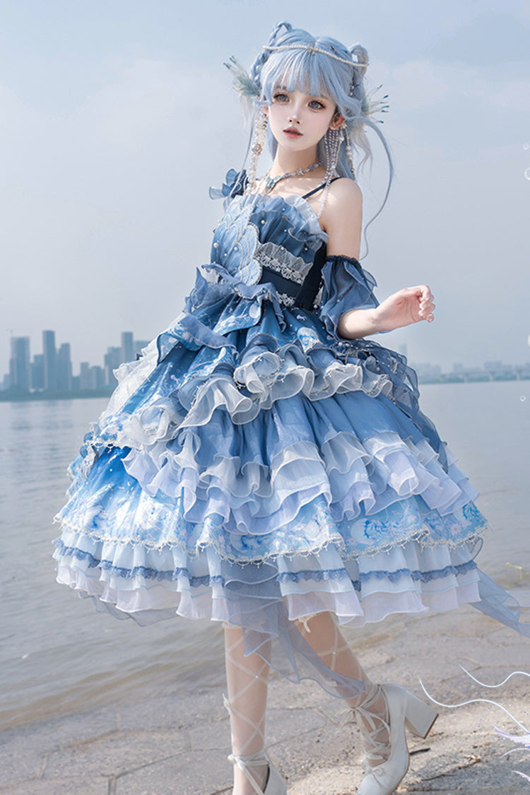 Gradient Printed Ruffled Embroidered Bow Lace Asymmetric Sweet Elegant Lolita JSK
