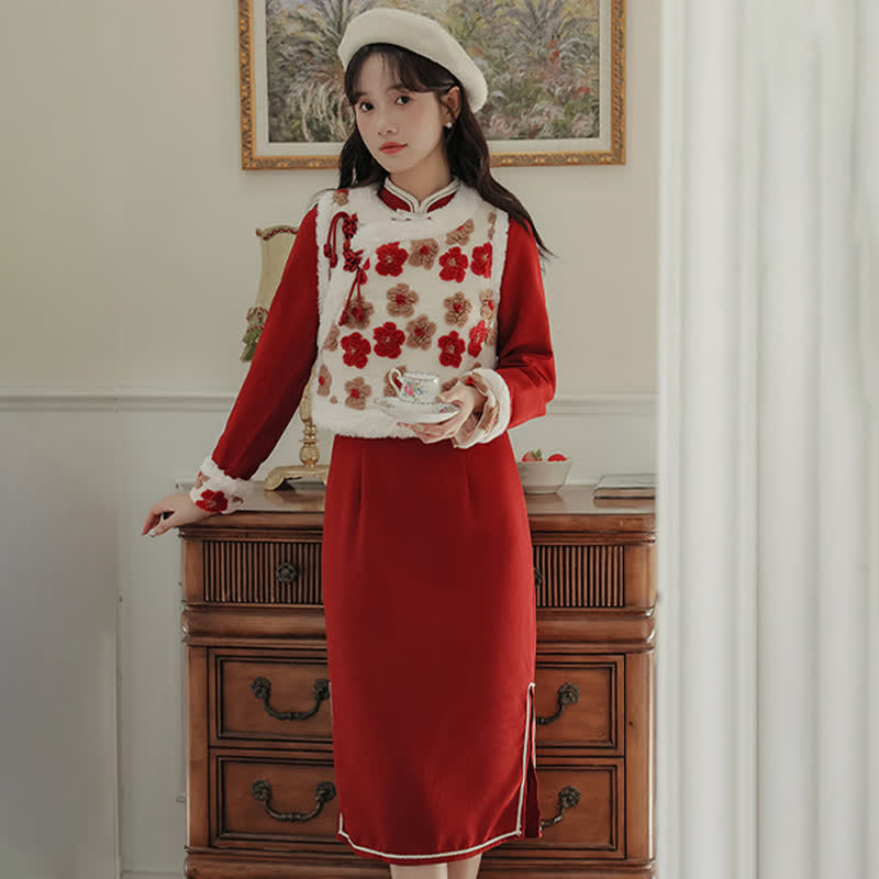 Robe Cheongsam à nœud et gilet à boucle à fleurs rouges