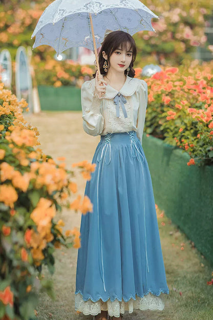 Blue Lapel Collar Long Sleeves High Waist Lace-Up Wave Hem Classic Lolita Two-Piece Set