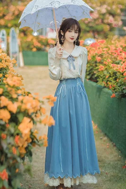 Blue Lapel Collar Long Sleeves High Waist Lace-Up Wave Hem Classic Lolita Two-Piece Set