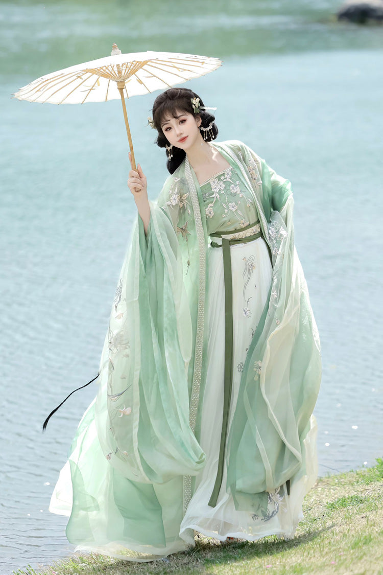 Emerald Qingdie Song Dynasty Ruffle Embroidery Chinese Hanfu Full Set
