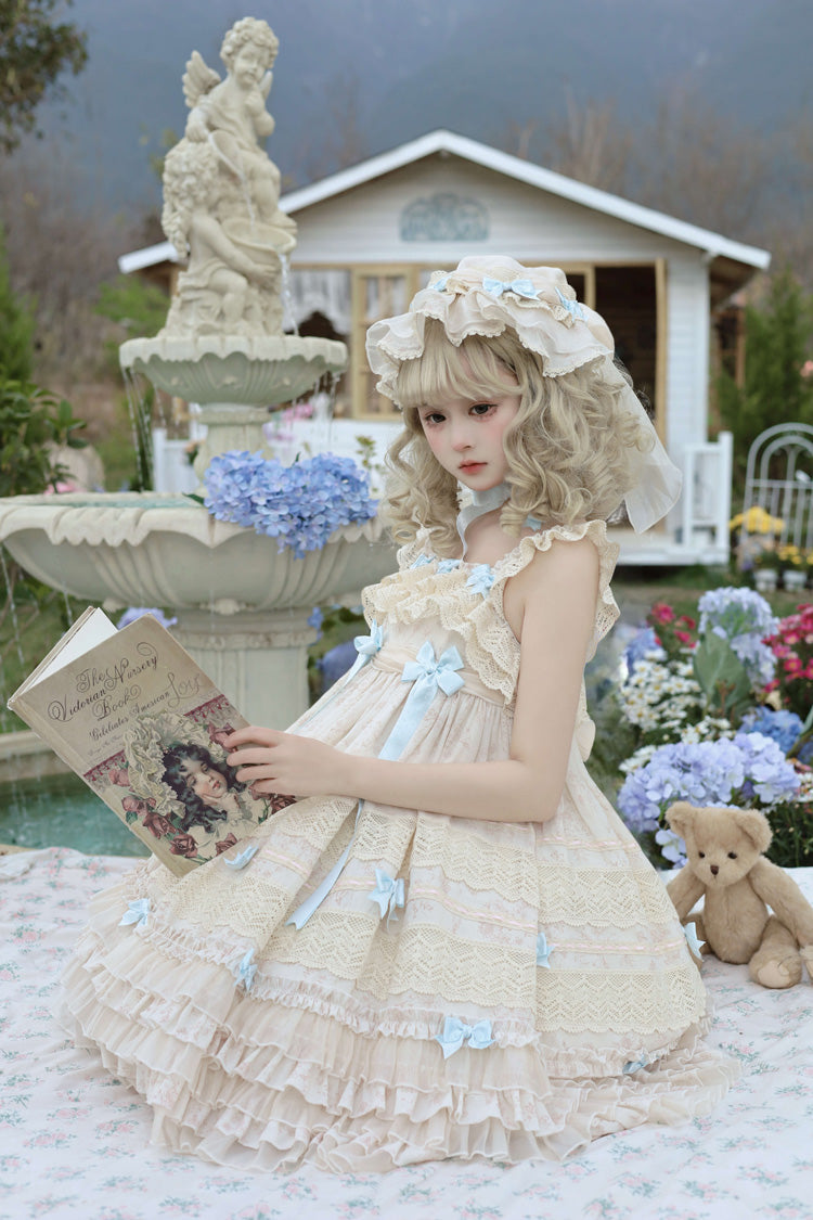 Little Wind Chime Sleeveless Multi-Layered Printed Ruffled Bow Lace Sweet Elegant Princess Lolita JSK Dress in Beige