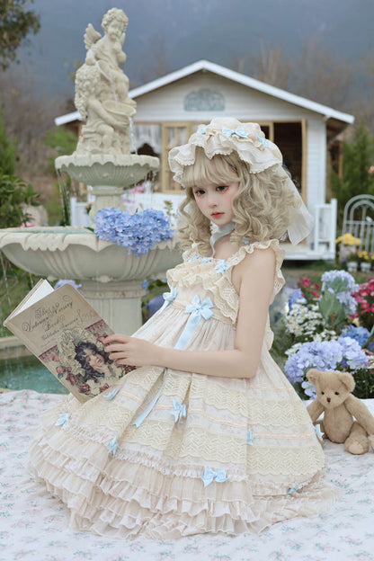 Little Wind Chime Sleeveless Multi-Layered Printed Ruffled Bow Lace Sweet Elegant Princess Lolita JSK Dress in Beige