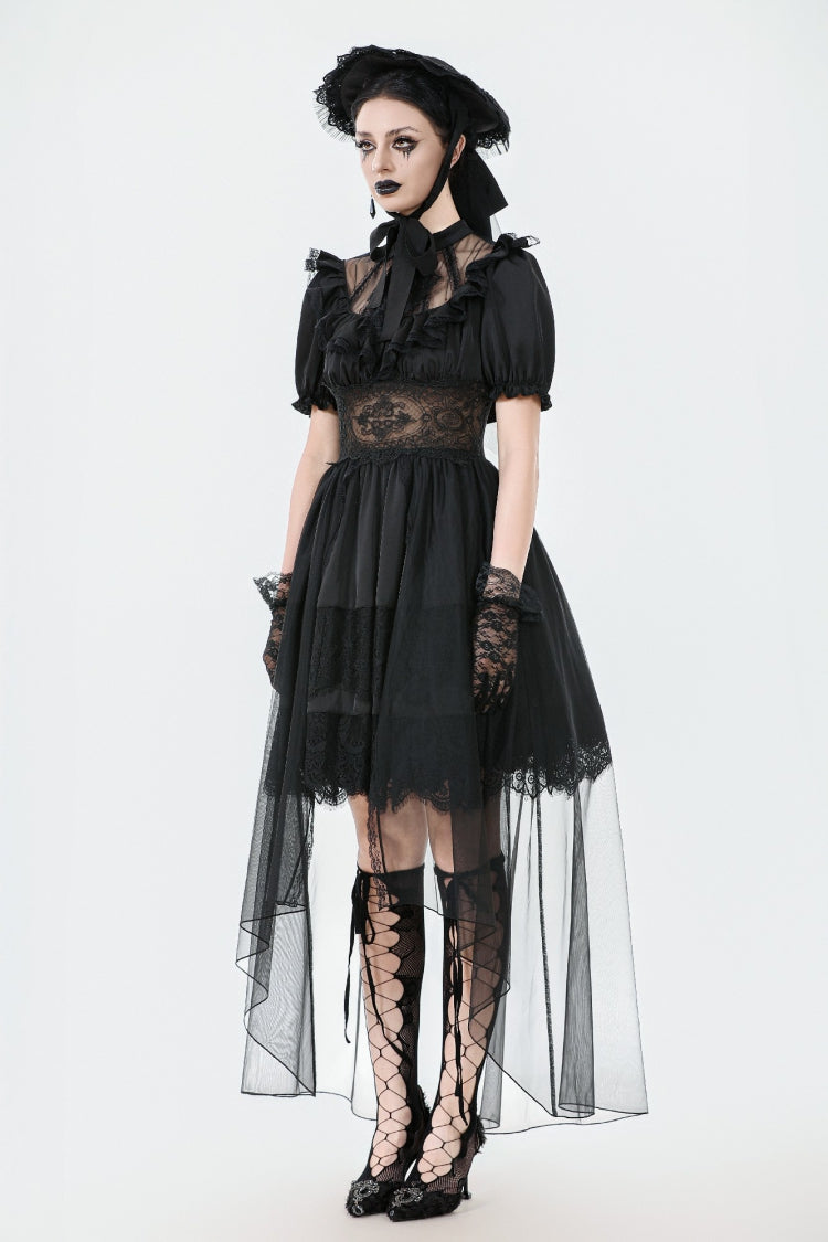 Inky Puff Sleeve High-Low Multi-Tiered Chiffon Gown - Gothic Wedding