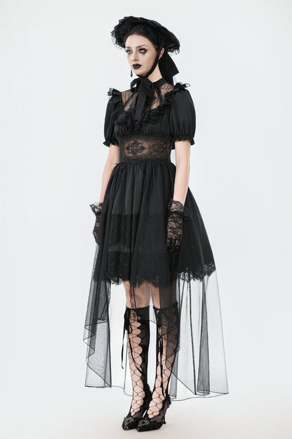 Inky Puff Sleeve High-Low Multi-Tiered Chiffon Gown - Gothic Wedding