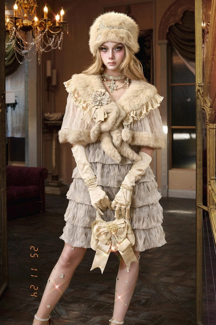 Slavic Noble Lady Short-Sleeved Ruffled Lace Fluffy Sweet Lolita Coat Cloak in Beige