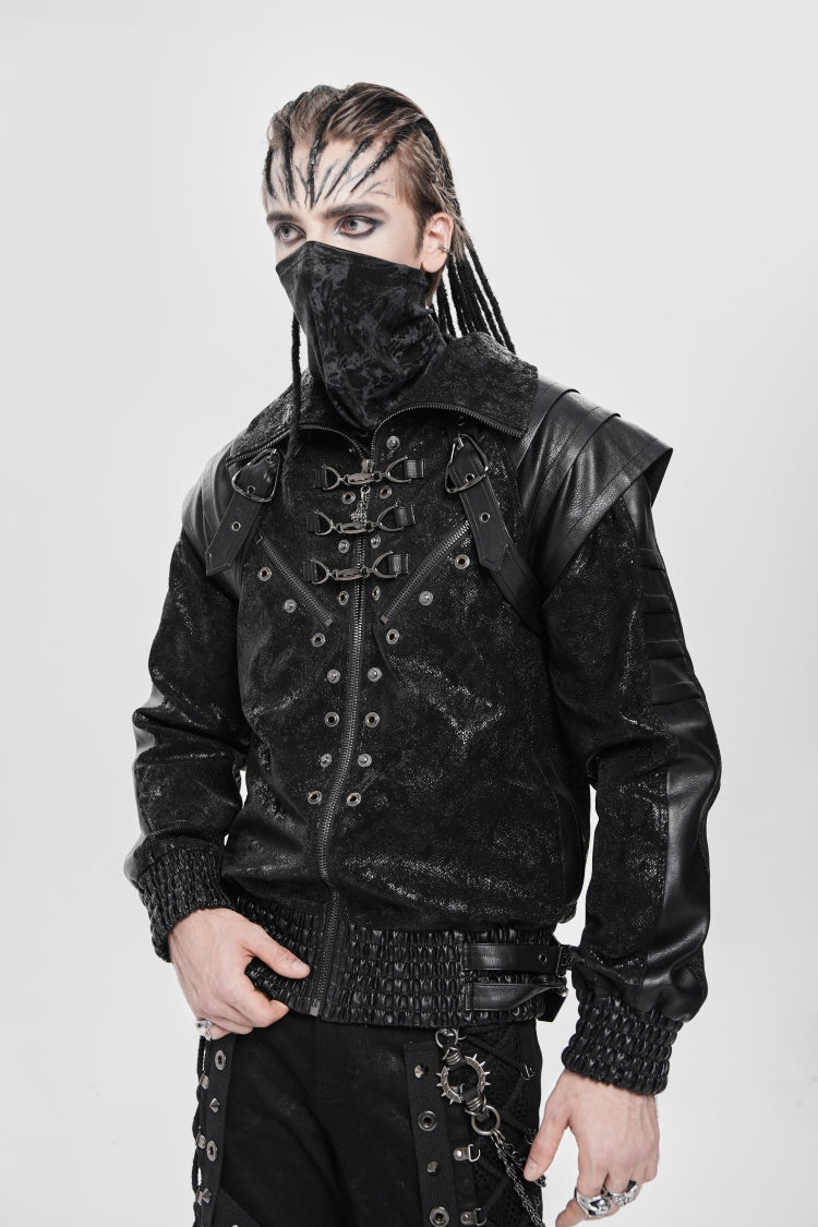Men's Punk Coat with Buckle Zipper Straps and Stitched Black Faux Leather