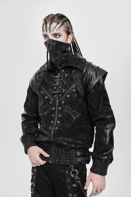 Men's Punk Coat with Buckle Zipper Straps and Stitched Black Faux Leather