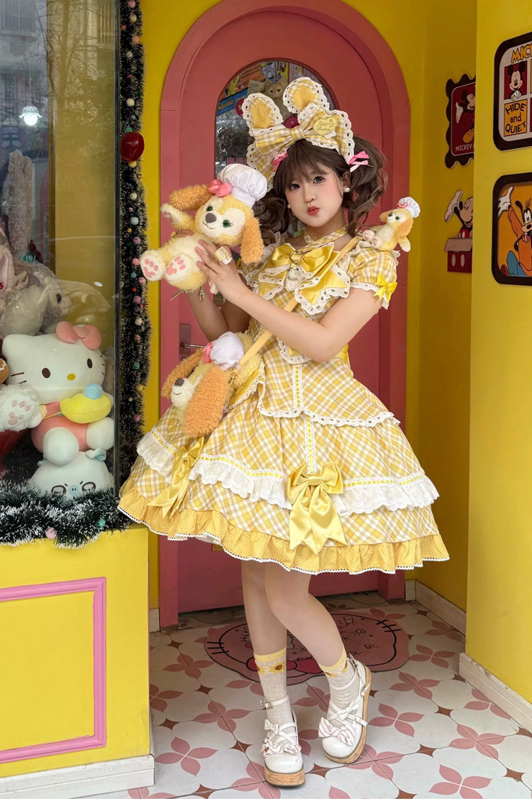 Golden Multi-Layer Printed Ruffled Bow Plus-Size Princess Dress Set