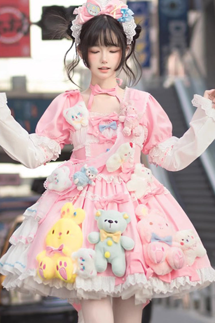 Pink Square-Collar Printed Doll Party Detachable-Sleeved Ruffled Bow-Trim Sweet Princess Lolita Dress